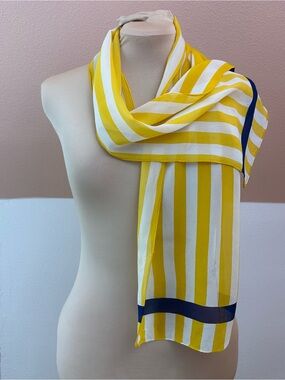 Vintage Baar & Beards 100% Silk Scarf 10” x 50” Yellow White Stripe Navy Border